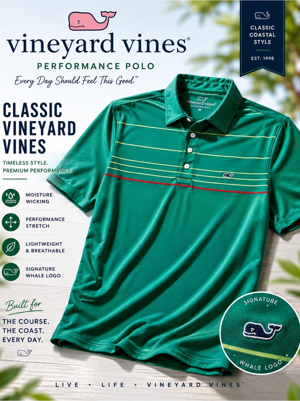 Vineyard Vines Performance Golf Green Polo with Whale Logo Horizontal Stripe